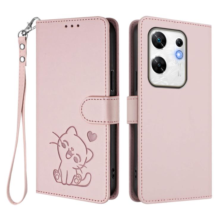 Embossed Heart Cat Leather Phone Case with Hand Strap, For Infinix Zero 30 4G, For Infinix Zero 30 5G, For Infinix Hot 30 5G, For Infinix Hot 30 Play 4G / NFC 4G