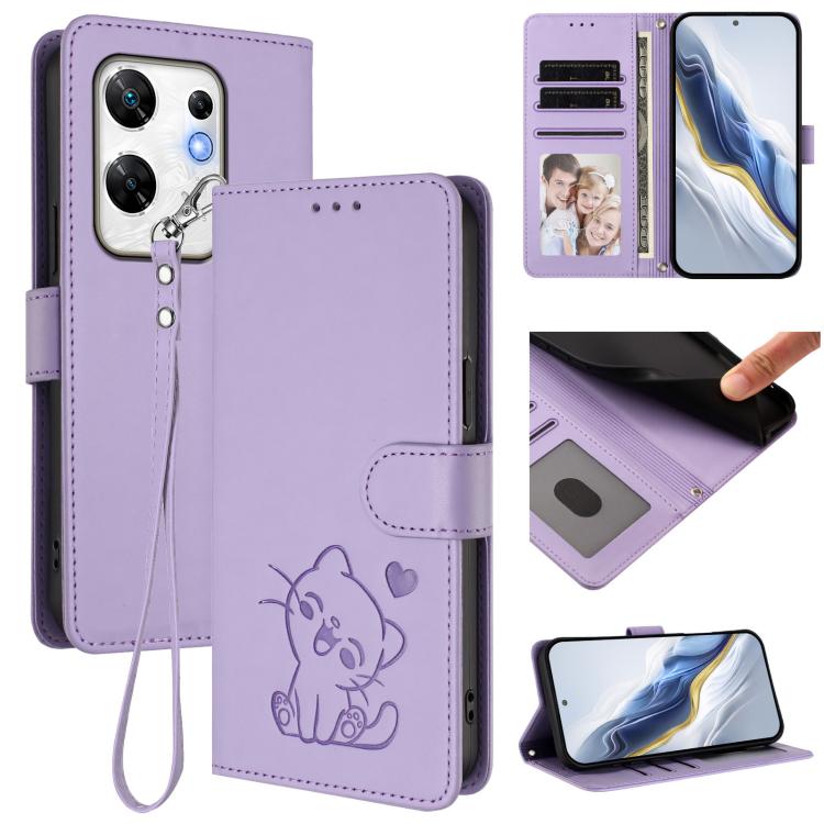 Embossed Heart Cat Leather Phone Case with Hand Strap, For Infinix Zero 30 4G, For Infinix Zero 30 5G, For Infinix Hot 30 5G, For Infinix Hot 30 Play 4G / NFC 4G