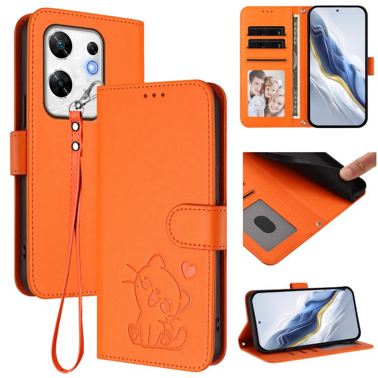 Embossed Heart Cat Leather Phone Case with Hand Strap, For Infinix Zero 30 4G, For Infinix Zero 30 5G, For Infinix Hot 30 5G, For Infinix Hot 30 Play 4G / NFC 4G