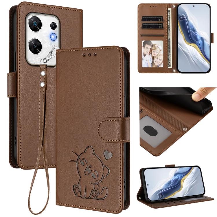 Embossed Heart Cat Leather Phone Case with Hand Strap, For Infinix Zero 30 4G, For Infinix Zero 30 5G, For Infinix Hot 30 5G, For Infinix Hot 30 Play 4G / NFC 4G