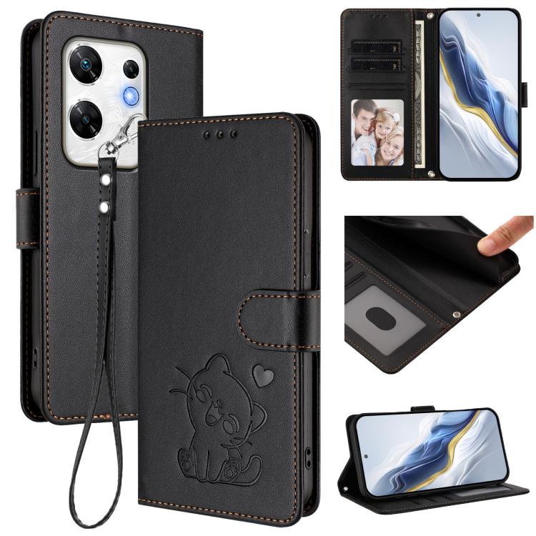 Embossed Heart Cat Leather Phone Case with Hand Strap, For Infinix Zero 30 4G, For Infinix Zero 30 5G, For Infinix Hot 30 5G, For Infinix Hot 30 Play 4G / NFC 4G