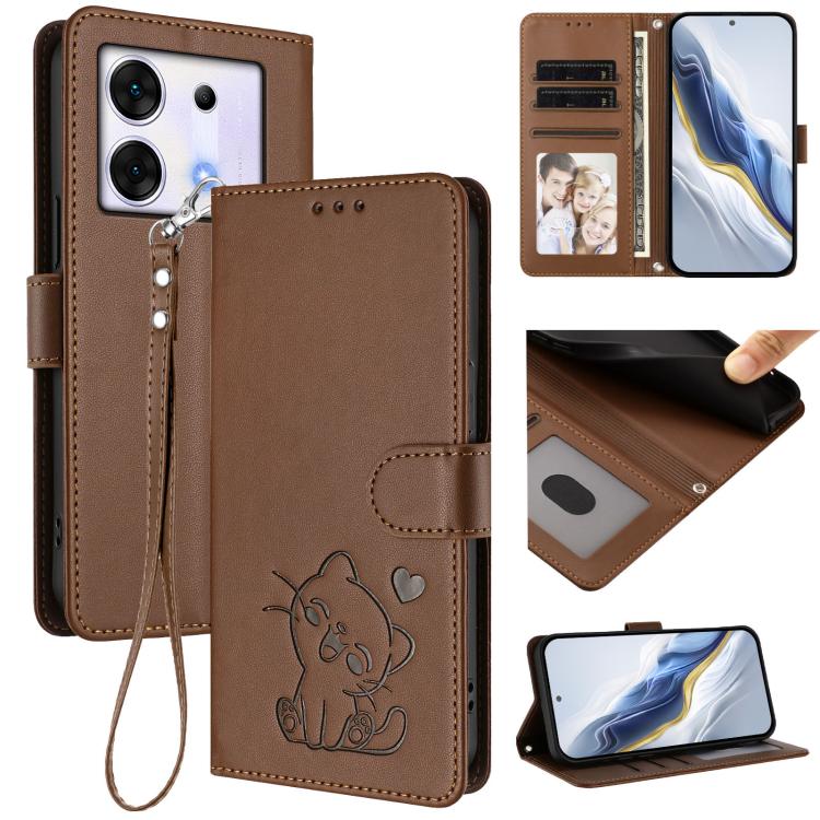 Embossed Heart Cat Leather Phone Case with Hand Strap, For Infinix Zero 30 4G, For Infinix Zero 30 5G, For Infinix Hot 30 5G, For Infinix Hot 30 Play 4G / NFC 4G