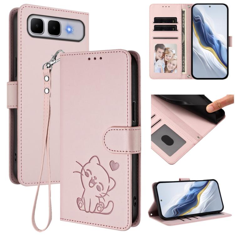 Embossed Heart Cat Leather Phone Case with Hand Strap, For Infinix Hot 60 4G / 60i 4G, For Infinix Hot 60 Pro+ 4G, For Infinix Hot 60 Pro 4G, For Infinix Smart 10 Plus 4G