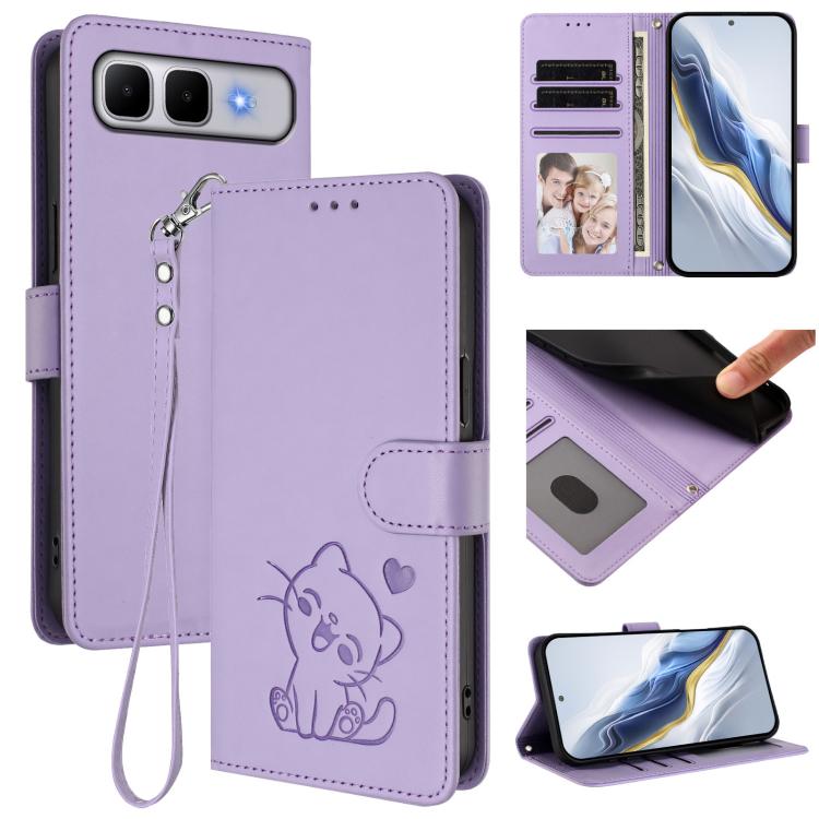 Embossed Heart Cat Leather Phone Case with Hand Strap, For Infinix Hot 60 4G / 60i 4G, For Infinix Hot 60 Pro+ 4G, For Infinix Hot 60 Pro 4G, For Infinix Smart 10 Plus 4G