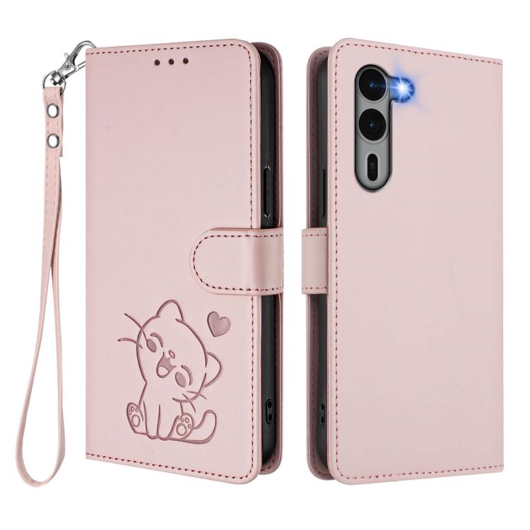 Embossed Heart Cat Leather Phone Case with Hand Strap, For Fujitsu Arrows We2 Plus
