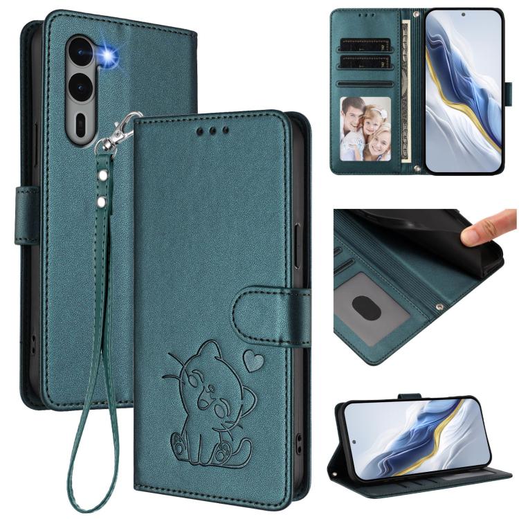 Embossed Heart Cat Leather Phone Case with Hand Strap, For Fujitsu Arrows We2 Plus