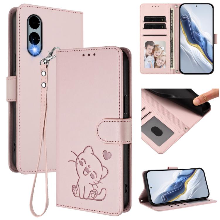 Embossed Heart Cat Leather Phone Case with Hand Strap, For Fujitsu Arrows We3, For Fujitsu Arrows Alpha F-51F, For Fujitsu FCNT RakuRaku F-53E, For Fujitsu Arrows We2