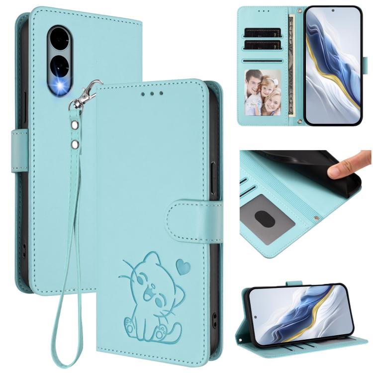 Embossed Heart Cat Leather Phone Case with Hand Strap, For Fujitsu Arrows We3, For Fujitsu Arrows Alpha F-51F, For Fujitsu FCNT RakuRaku F-53E, For Fujitsu Arrows We2