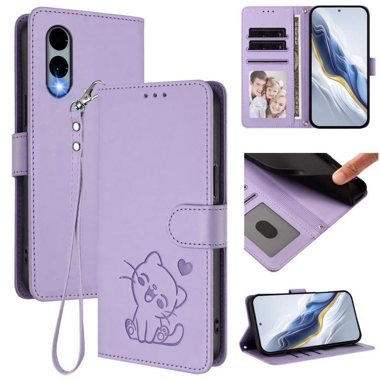 Embossed Heart Cat Leather Phone Case with Hand Strap, For Fujitsu Arrows We3, For Fujitsu Arrows Alpha F-51F, For Fujitsu FCNT RakuRaku F-53E, For Fujitsu Arrows We2