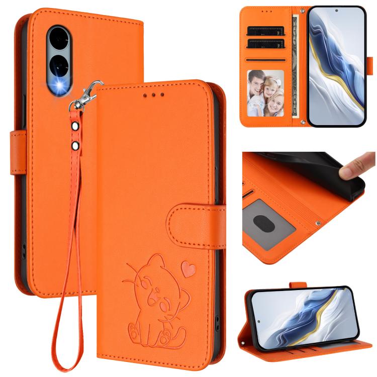 Embossed Heart Cat Leather Phone Case with Hand Strap, For Fujitsu Arrows We3, For Fujitsu Arrows Alpha F-51F, For Fujitsu FCNT RakuRaku F-53E, For Fujitsu Arrows We2