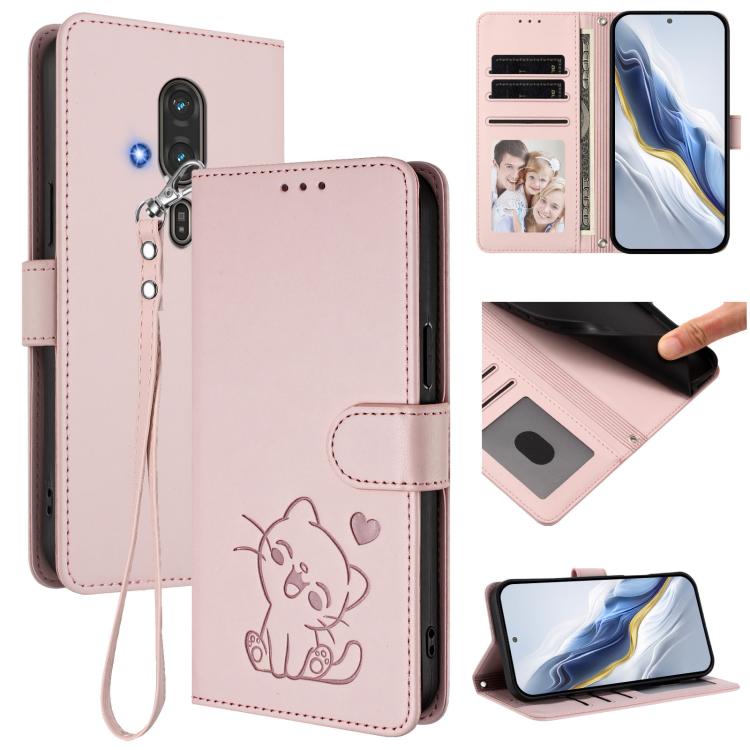 Embossed Heart Cat Leather Phone Case with Hand Strap, For Fujitsu Arrows We3, For Fujitsu Arrows Alpha F-51F, For Fujitsu FCNT RakuRaku F-53E, For Fujitsu Arrows We2