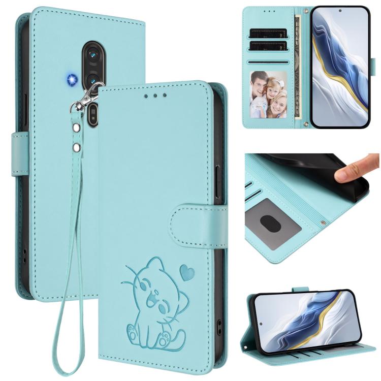 Embossed Heart Cat Leather Phone Case with Hand Strap, For Fujitsu Arrows We3, For Fujitsu Arrows Alpha F-51F, For Fujitsu FCNT RakuRaku F-53E, For Fujitsu Arrows We2