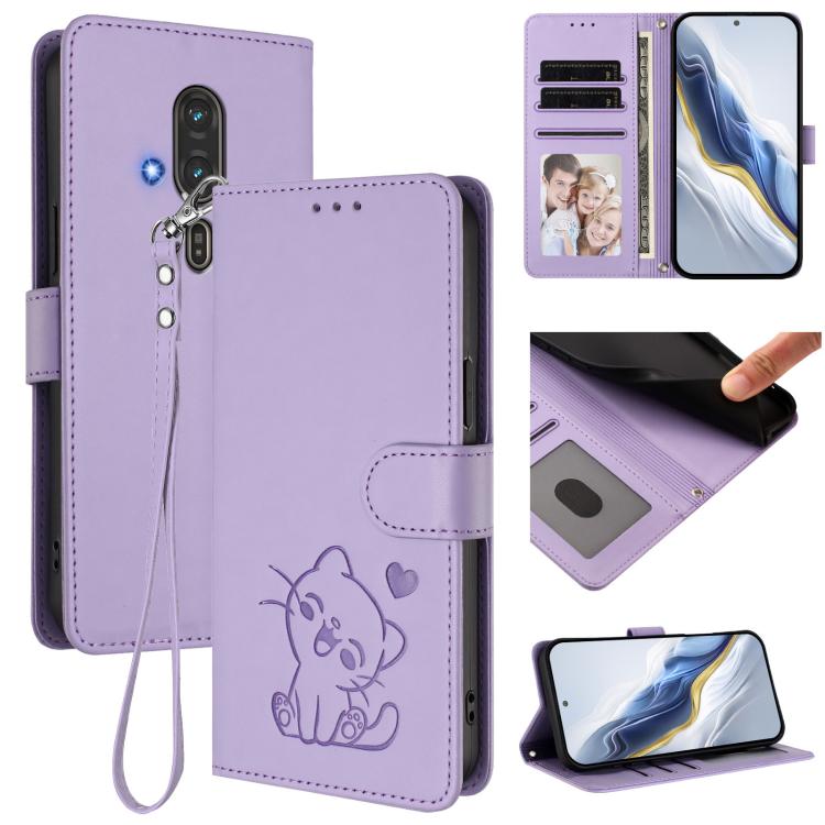 Embossed Heart Cat Leather Phone Case with Hand Strap, For Fujitsu Arrows We3, For Fujitsu Arrows Alpha F-51F, For Fujitsu FCNT RakuRaku F-53E, For Fujitsu Arrows We2