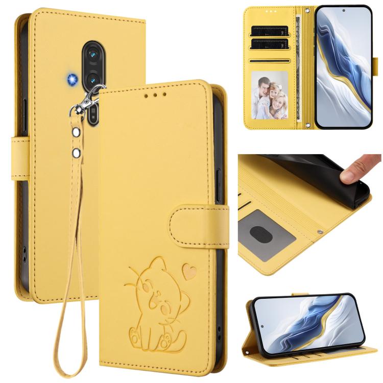 Embossed Heart Cat Leather Phone Case with Hand Strap, For Fujitsu Arrows We3, For Fujitsu Arrows Alpha F-51F, For Fujitsu FCNT RakuRaku F-53E, For Fujitsu Arrows We2