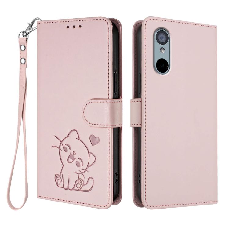 Embossed Heart Cat Leather Phone Case with Hand Strap, For Fujitsu Arrows We3, For Fujitsu Arrows Alpha F-51F, For Fujitsu FCNT RakuRaku F-53E, For Fujitsu Arrows We2