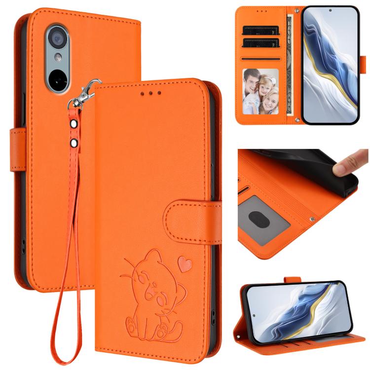 Embossed Heart Cat Leather Phone Case with Hand Strap, For Fujitsu Arrows We3, For Fujitsu Arrows Alpha F-51F, For Fujitsu FCNT RakuRaku F-53E, For Fujitsu Arrows We2