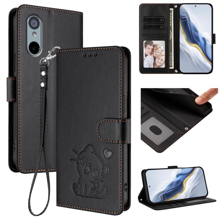 Embossed Heart Cat Leather Phone Case with Hand Strap, For Fujitsu Arrows We3, For Fujitsu Arrows Alpha F-51F, For Fujitsu FCNT RakuRaku F-53E, For Fujitsu Arrows We2