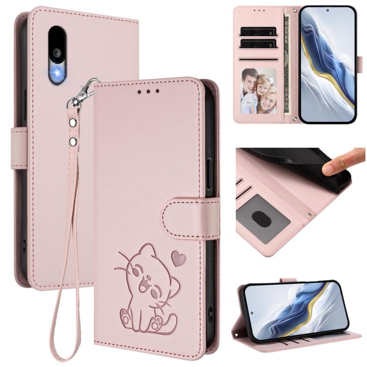 Embossed Heart Cat Leather Phone Case with Hand Strap, For Sharp Aquos wish5, For Sharp Basio Active3, For Sharp Aquos Sense9 Plus, For Sharp Aquos Sense9