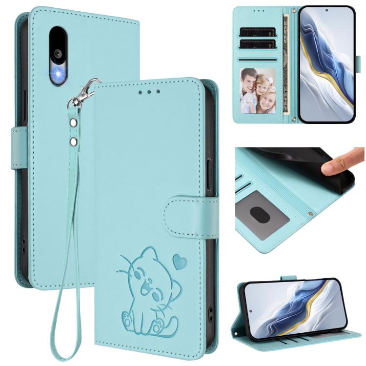 Embossed Heart Cat Leather Phone Case with Hand Strap, For Sharp Aquos wish5, For Sharp Basio Active3, For Sharp Aquos Sense9 Plus, For Sharp Aquos Sense9