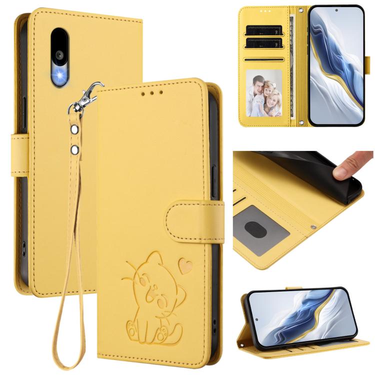 Embossed Heart Cat Leather Phone Case with Hand Strap, For Sharp Aquos wish5, For Sharp Basio Active3, For Sharp Aquos Sense9 Plus, For Sharp Aquos Sense9