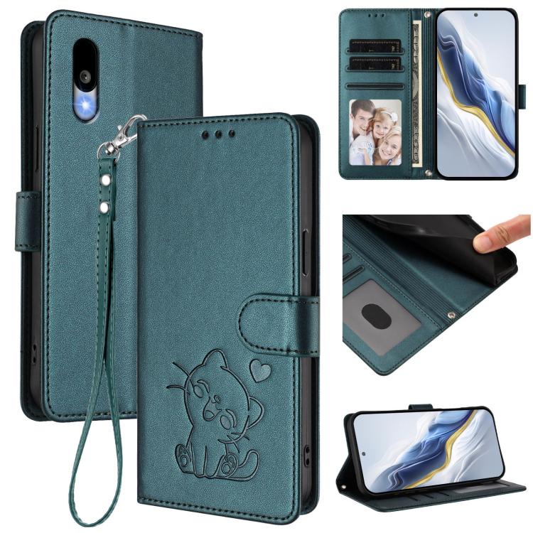 Embossed Heart Cat Leather Phone Case with Hand Strap, For Sharp Aquos wish5, For Sharp Basio Active3, For Sharp Aquos Sense9 Plus, For Sharp Aquos Sense9