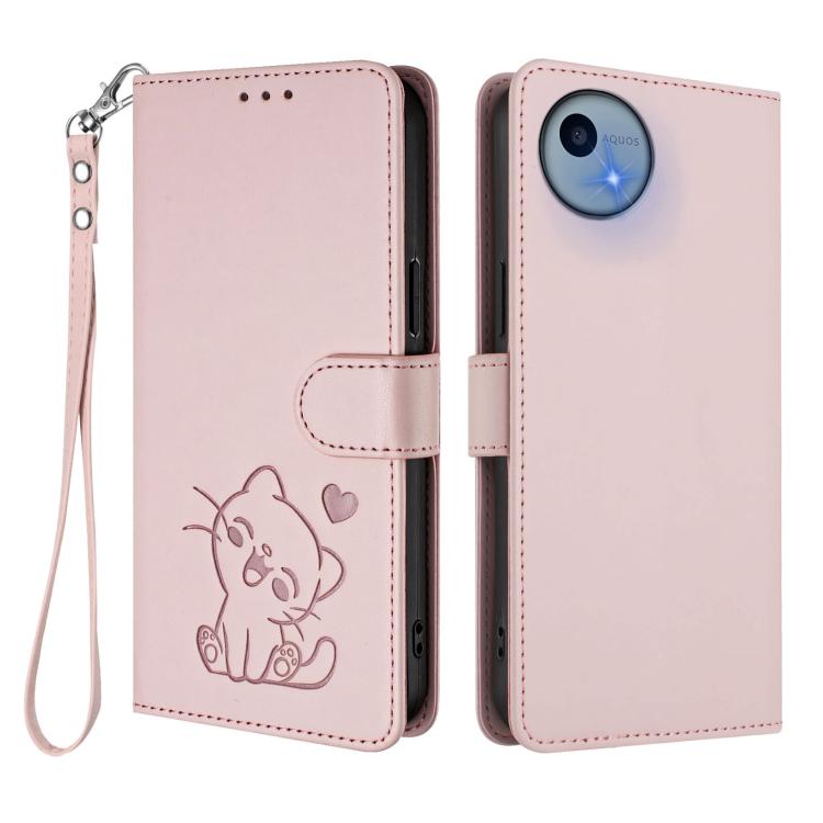 Embossed Heart Cat Leather Phone Case with Hand Strap, For Sharp Aquos wish5, For Sharp Basio Active3, For Sharp Aquos Sense9 Plus, For Sharp Aquos Sense9