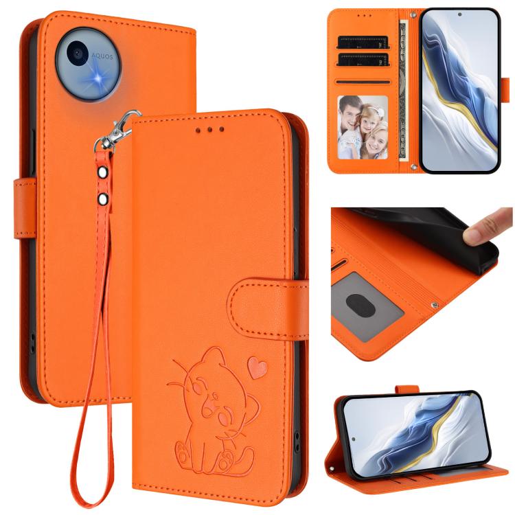Embossed Heart Cat Leather Phone Case with Hand Strap, For Sharp Aquos wish5, For Sharp Basio Active3, For Sharp Aquos Sense9 Plus, For Sharp Aquos Sense9