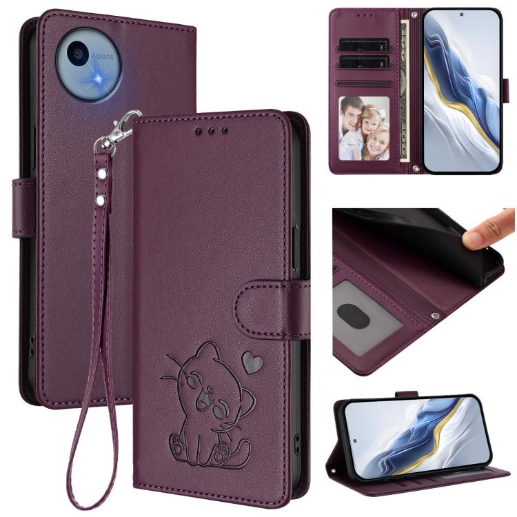 Embossed Heart Cat Leather Phone Case with Hand Strap, For Sharp Aquos wish5, For Sharp Basio Active3, For Sharp Aquos Sense9 Plus, For Sharp Aquos Sense9