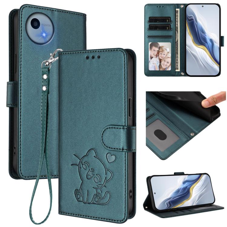 Embossed Heart Cat Leather Phone Case with Hand Strap, For Sharp Aquos wish5, For Sharp Basio Active3, For Sharp Aquos Sense9 Plus, For Sharp Aquos Sense9