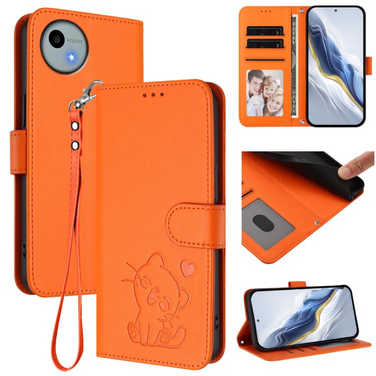 Embossed Heart Cat Leather Phone Case with Hand Strap, For Sharp Aquos R9 Pro, For Sharp Aquos wish4, For Sharp Aquos R9, For Sharp Aquos Sense8 SHG11 / SH-54D