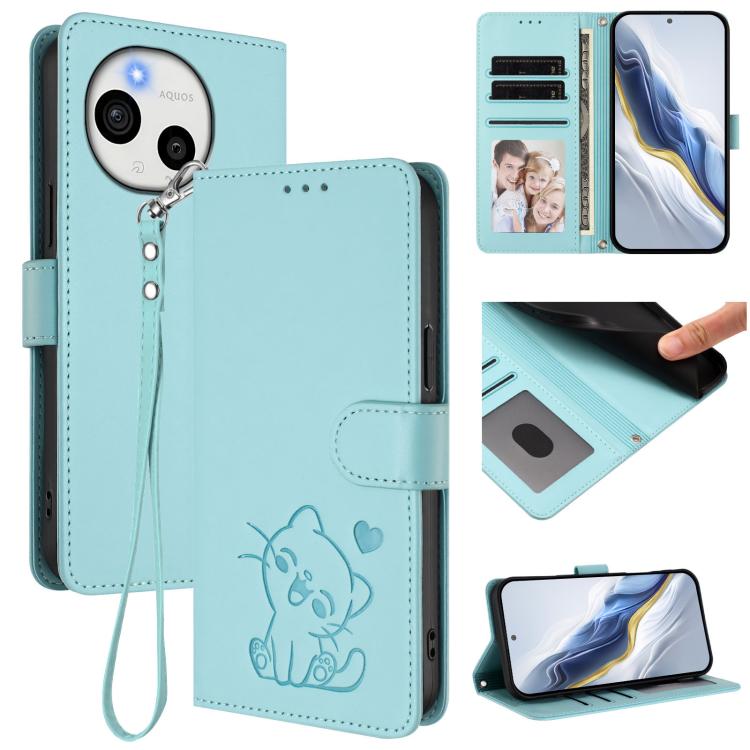 Embossed Heart Cat Leather Phone Case with Hand Strap, For Sharp Aquos wish5, For Sharp Basio Active3, For Sharp Aquos Sense9 Plus, For Sharp Aquos Sense9