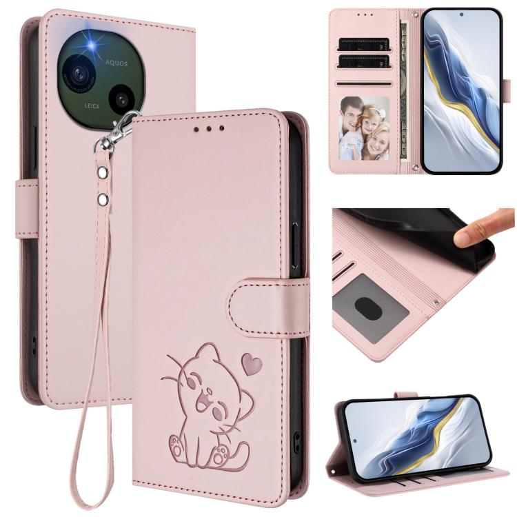 Embossed Heart Cat Leather Phone Case with Hand Strap, For Sharp Aquos wish6, For Sharp Aquos R11, For Sharp Aquos Sense 10, For Sharp Aquos R10