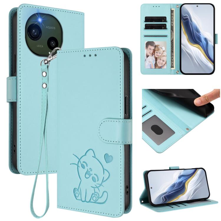Embossed Heart Cat Leather Phone Case with Hand Strap, For Sharp Aquos wish6, For Sharp Aquos R11, For Sharp Aquos Sense 10, For Sharp Aquos R10