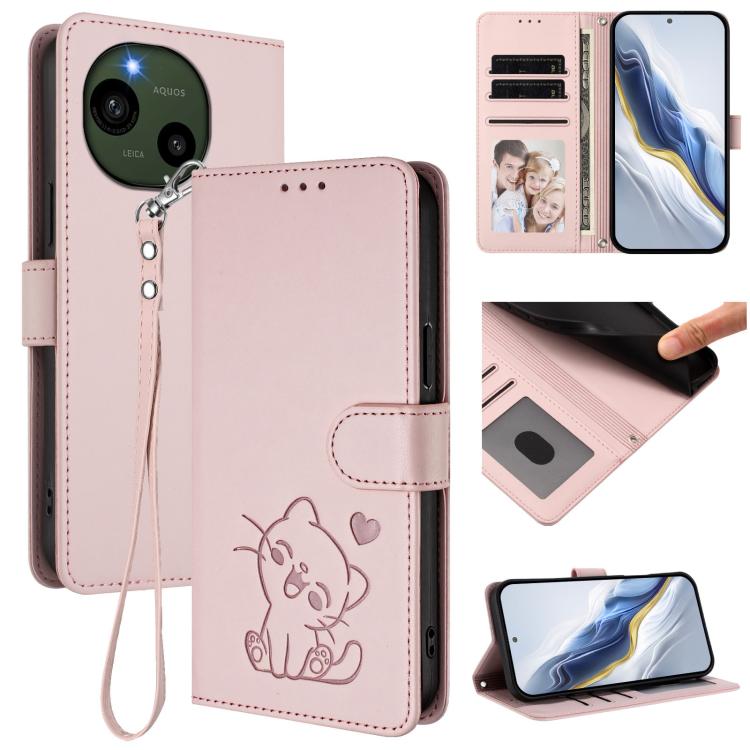 Embossed Heart Cat Leather Phone Case with Hand Strap, For Sharp Aquos R9 Pro, For Sharp Aquos wish4, For Sharp Aquos R9, For Sharp Aquos Sense8 SHG11 / SH-54D