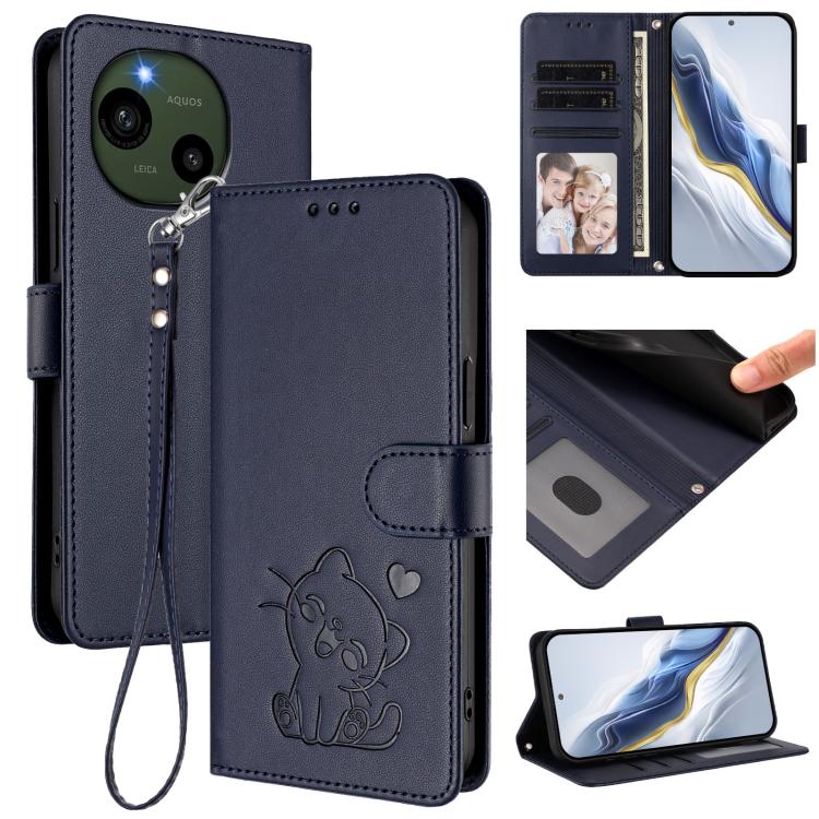 Embossed Heart Cat Leather Phone Case with Hand Strap, For Sharp Aquos R9 Pro, For Sharp Aquos wish4, For Sharp Aquos R9, For Sharp Aquos Sense8 SHG11 / SH-54D