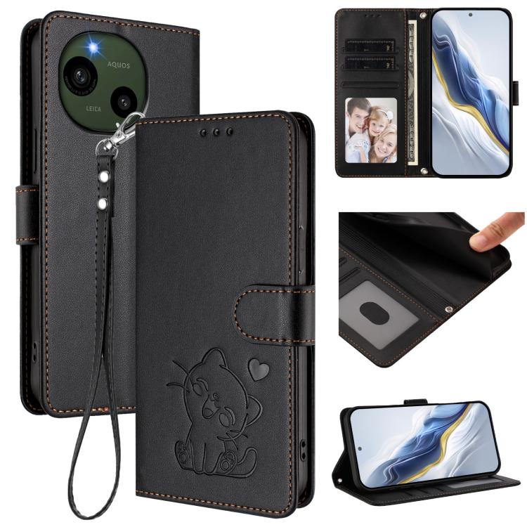 Embossed Heart Cat Leather Phone Case with Hand Strap, For Sharp Aquos R9 Pro, For Sharp Aquos wish4, For Sharp Aquos R9, For Sharp Aquos Sense8 SHG11 / SH-54D