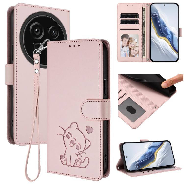 Embossed Heart Cat Leather Phone Case with Hand Strap, For Sharp Aquos R9 Pro, For Sharp Aquos wish4, For Sharp Aquos R9, For Sharp Aquos Sense8 SHG11 / SH-54D