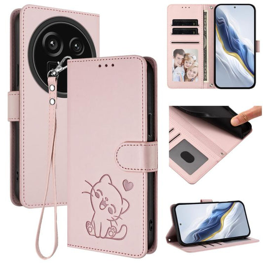 Embossed Heart Cat Leather Phone Case with Hand Strap, For Sharp Aquos R9 Pro, For Sharp Aquos wish4, For Sharp Aquos R9, For Sharp Aquos Sense8 SHG11 / SH-54D