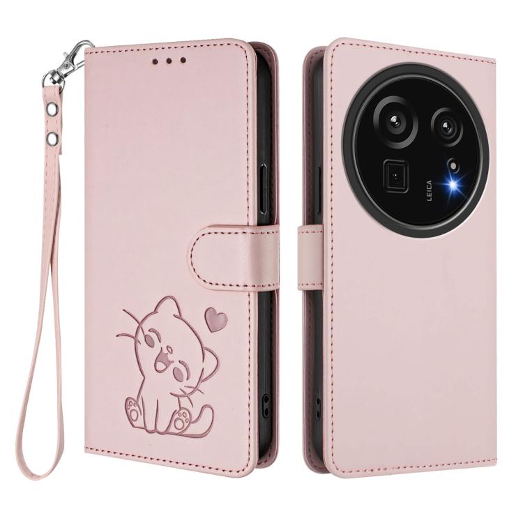 Embossed Heart Cat Leather Phone Case with Hand Strap, For Sharp Aquos R9 Pro, For Sharp Aquos wish4, For Sharp Aquos R9, For Sharp Aquos Sense8 SHG11 / SH-54D