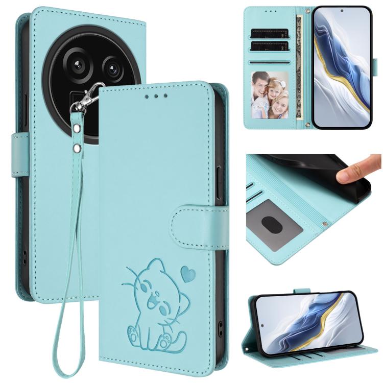 Embossed Heart Cat Leather Phone Case with Hand Strap, For Sharp Aquos R9 Pro, For Sharp Aquos wish4, For Sharp Aquos R9, For Sharp Aquos Sense8 SHG11 / SH-54D