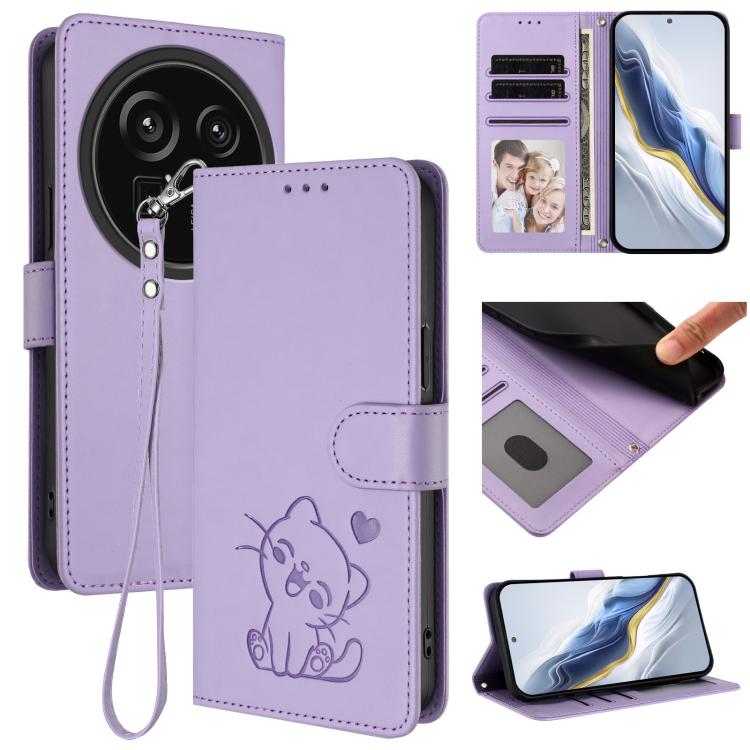 Embossed Heart Cat Leather Phone Case with Hand Strap, For Sharp Aquos R9 Pro, For Sharp Aquos wish4, For Sharp Aquos R9, For Sharp Aquos Sense8 SHG11 / SH-54D