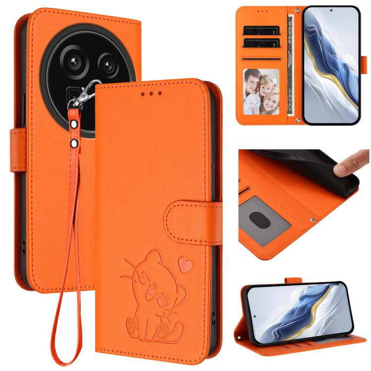 Embossed Heart Cat Leather Phone Case with Hand Strap, For Sharp Aquos R9 Pro, For Sharp Aquos wish4, For Sharp Aquos R9, For Sharp Aquos Sense8 SHG11 / SH-54D