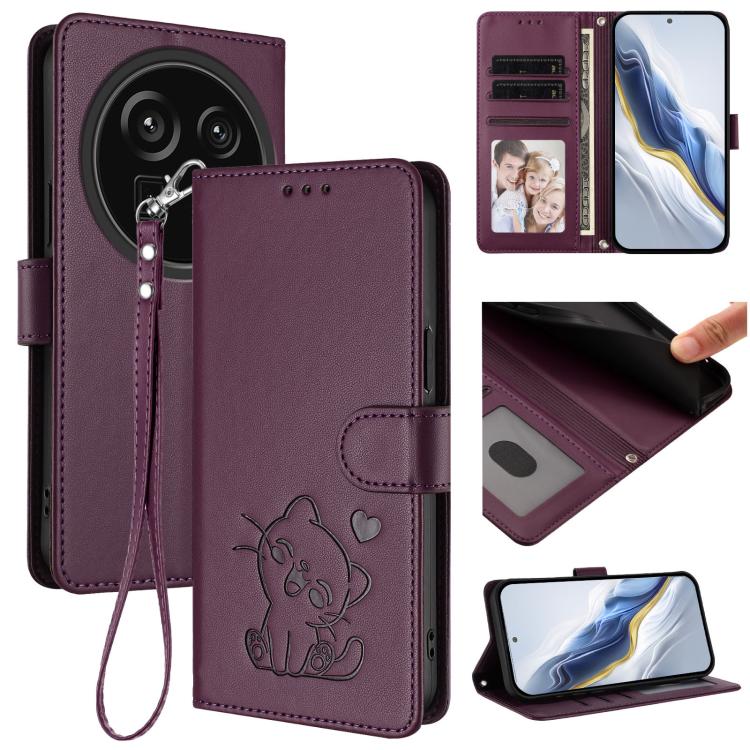 Embossed Heart Cat Leather Phone Case with Hand Strap, For Sharp Aquos R9 Pro, For Sharp Aquos wish4, For Sharp Aquos R9, For Sharp Aquos Sense8 SHG11 / SH-54D