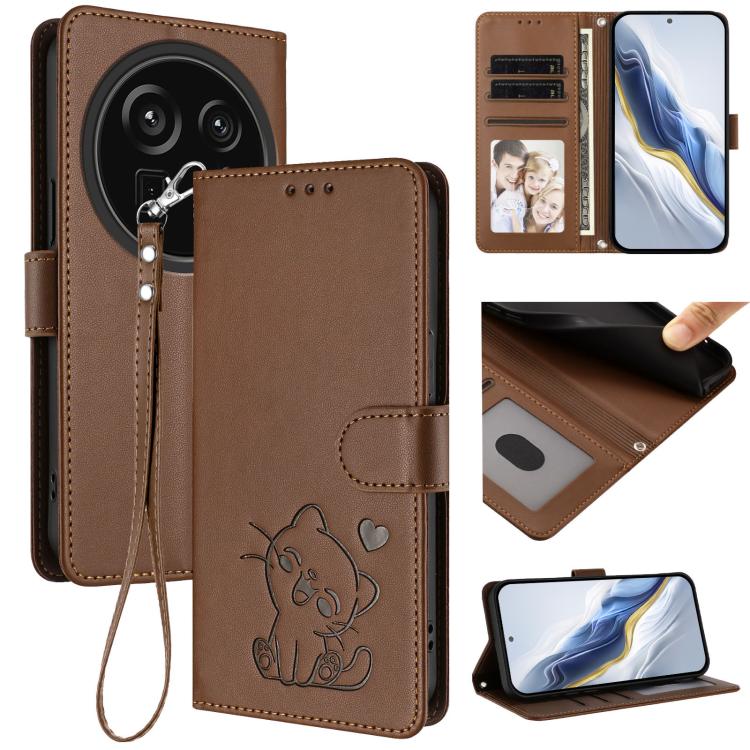 Embossed Heart Cat Leather Phone Case with Hand Strap, For Sharp Aquos R9 Pro, For Sharp Aquos wish4, For Sharp Aquos R9, For Sharp Aquos Sense8 SHG11 / SH-54D