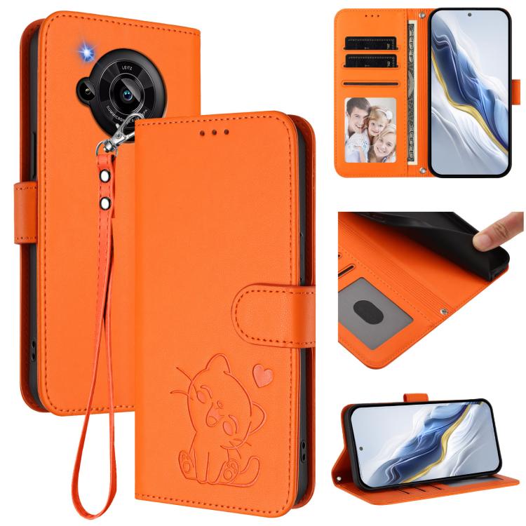 Embossed Heart Cat Leather Phone Case with Hand Strap, For Sharp Aquos wish3, For Sharp Aquos R7