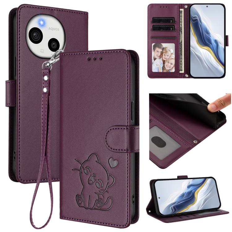 Embossed Heart Cat Leather Phone Case with Hand Strap, For Sharp Aquos wish6, For Sharp Aquos R11, For Sharp Aquos Sense 10, For Sharp Aquos R10