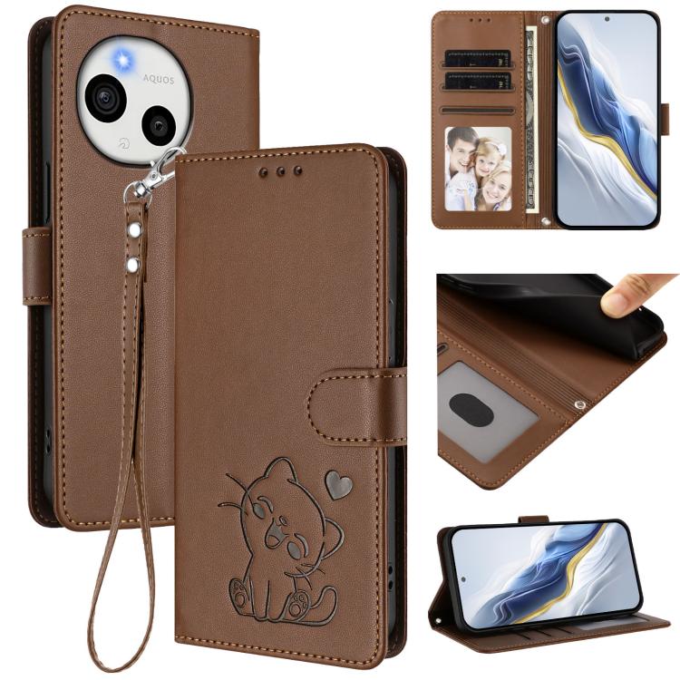 Embossed Heart Cat Leather Phone Case with Hand Strap, For Sharp Aquos wish6, For Sharp Aquos R11, For Sharp Aquos Sense 10, For Sharp Aquos R10
