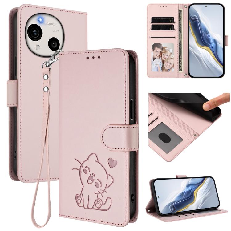 Embossed Heart Cat Leather Phone Case with Hand Strap, For Sharp Aquos wish6, For Sharp Aquos R11, For Sharp Aquos Sense 10, For Sharp Aquos R10