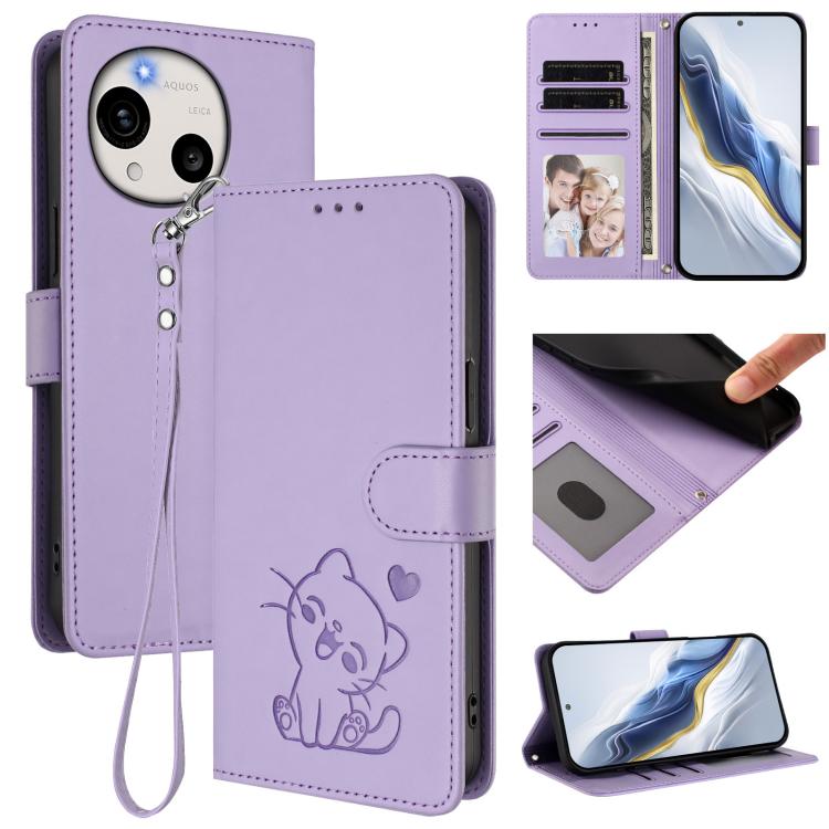 Embossed Heart Cat Leather Phone Case with Hand Strap, For Sharp Aquos wish6, For Sharp Aquos R11, For Sharp Aquos Sense 10, For Sharp Aquos R10