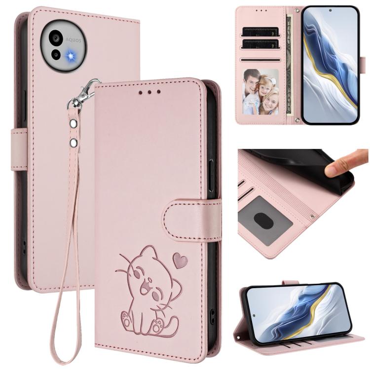 Embossed Heart Cat Leather Phone Case with Hand Strap, For Sharp Aquos wish6, For Sharp Aquos R11, For Sharp Aquos Sense 10, For Sharp Aquos R10